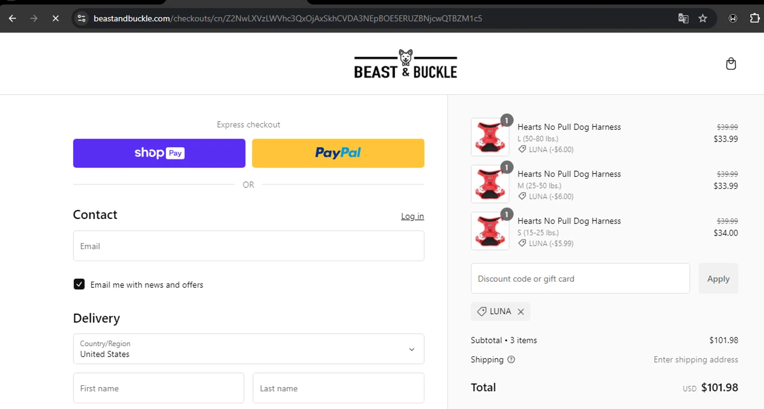 Beast & Buckle promo code screenshot showing code LUNA applied at Beast & Buckle checkout page. Uploaded by SimplyCodes community member RoyalSpotter5217 on Jan 11, 2025