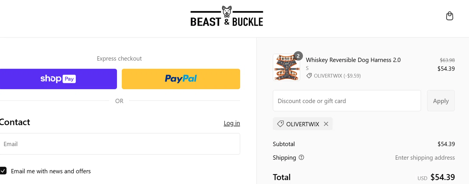 Beast & Buckle promo code screenshot showing code OLIVERTWIX applied at Beast & Buckle checkout page. Uploaded by SimplyCodes community member Gaby04 on Feb 4, 2025