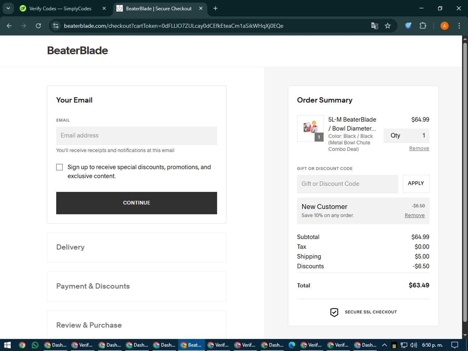 BeaterBlade US promo code screenshot showing code BB10 applied at BeaterBlade US checkout page. Uploaded by SimplyCodes community member MoneyPhoenix4664 on Jun 12, 2025