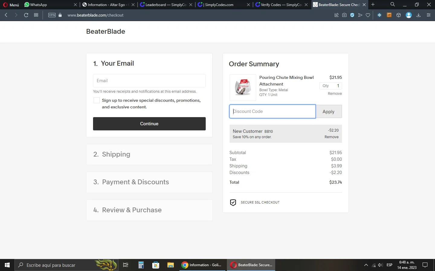 BeaterBlade US checkout page showing BeaterBlade US promo code box | Screenshot taken by SimplyCodes community member on Jan 14, 2023