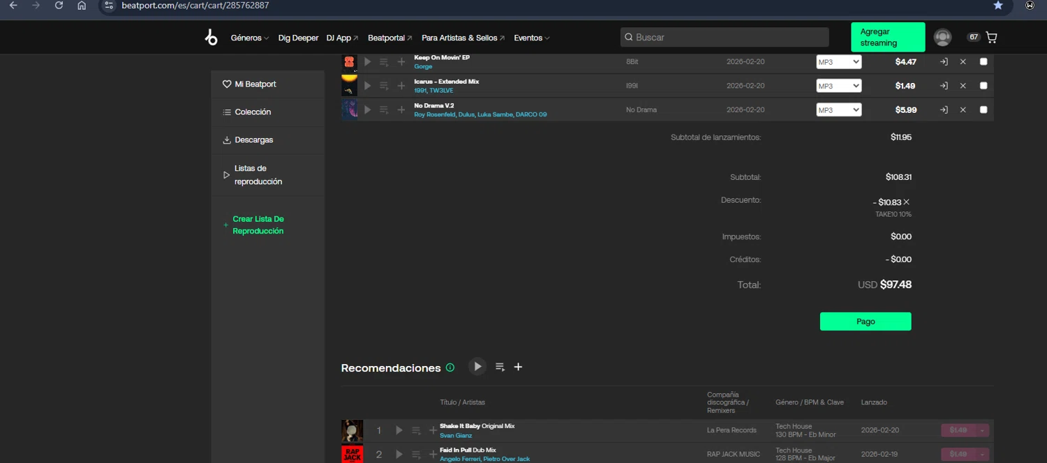 Beatport promo code screenshot showing code TAKE10 applied at Beatport checkout page. Uploaded by SimplyCodes community member Jmhernand1 on Jun 8, 2026