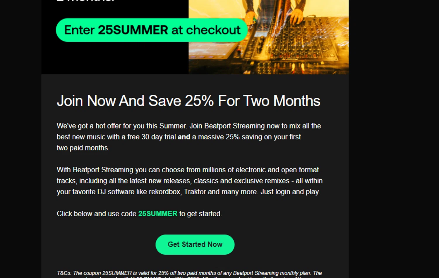 Beatport promo code screenshot showing code 25SUMMER applied at Beatport checkout page. Uploaded by SimplyCodes community member Mdeoca on Jun 17, 2026