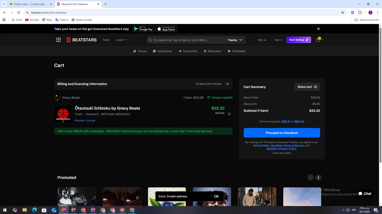 BeatStars promo code screenshot showing code YOUTUBE20 applied at BeatStars checkout page. Uploaded by SimplyCodes community member CodeLynx5272 on Jan 29, 2026