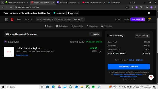 BeatStars checkout page showing BeatStars promo code box | Screenshot taken by SimplyCodes community member on Sep 2, 2025