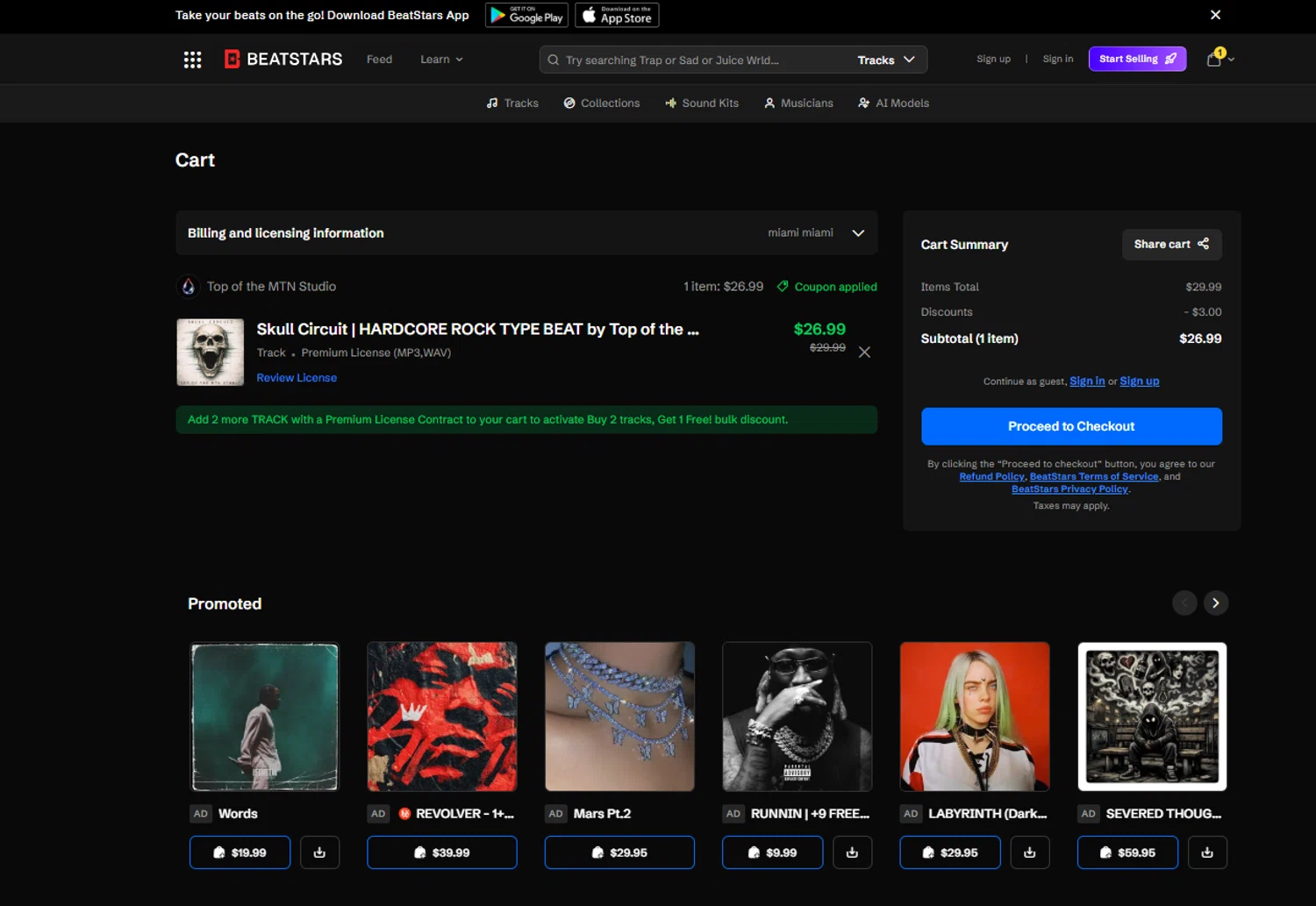 BeatStars promo code screenshot showing code 907GOD applied at BeatStars checkout page. Uploaded by SimplyCodes community member reggiesmith on Feb 20, 2026