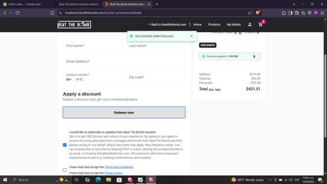 Beat The Bomb checkout page showing Beat The Bomb discount code box | Screenshot taken by SimplyCodes community member on Apr 13, 2025
