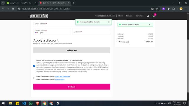 Beat The Bomb checkout page showing Beat The Bomb discount code box | Screenshot taken by SimplyCodes community member on Apr 13, 2025