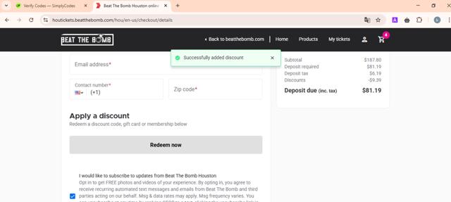 Beat The Bomb checkout page showing Beat The Bomb discount code box | Screenshot taken by SimplyCodes community member on Mar 15, 2025