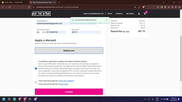 Beat The Bomb checkout page showing Beat The Bomb discount code box | Screenshot taken by SimplyCodes community member on Mar 15, 2025
