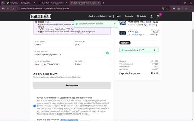 Beat The Bomb checkout page showing Beat The Bomb discount code box | Screenshot taken by SimplyCodes community member on Feb 20, 2025