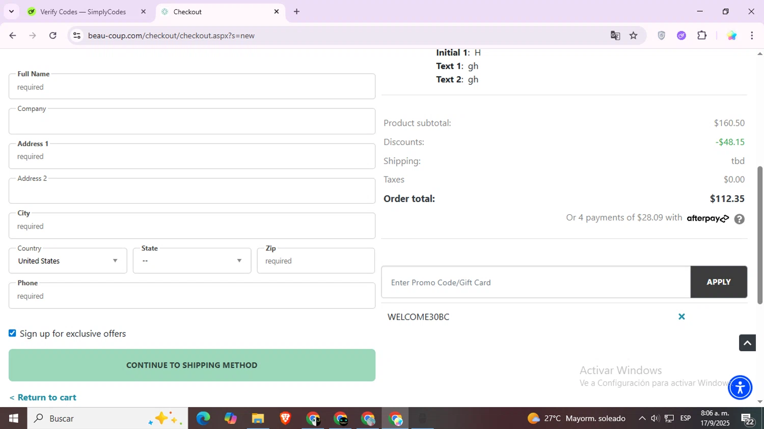 Beau-coup promo code screenshot showing code WELCOME30BC applied at Beau-coup checkout page. Uploaded by SimplyCodes community member Estrellitacoairis on Sep 17, 2025