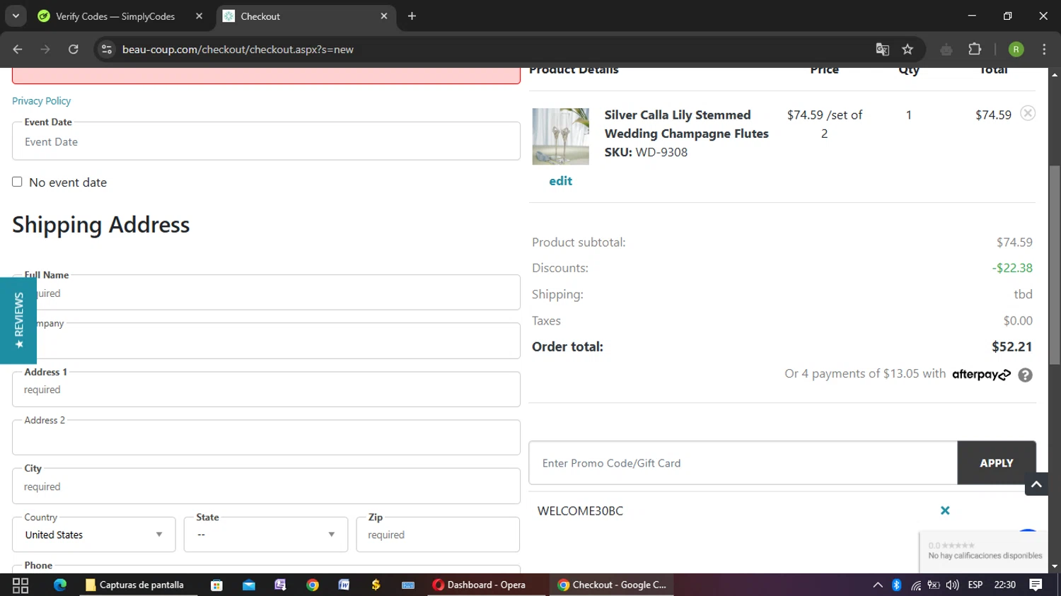 Beau-coup promo code screenshot showing code WELCOME30BC applied at Beau-coup checkout page. Uploaded by SimplyCodes community member Kulomii on Mar 1, 2025