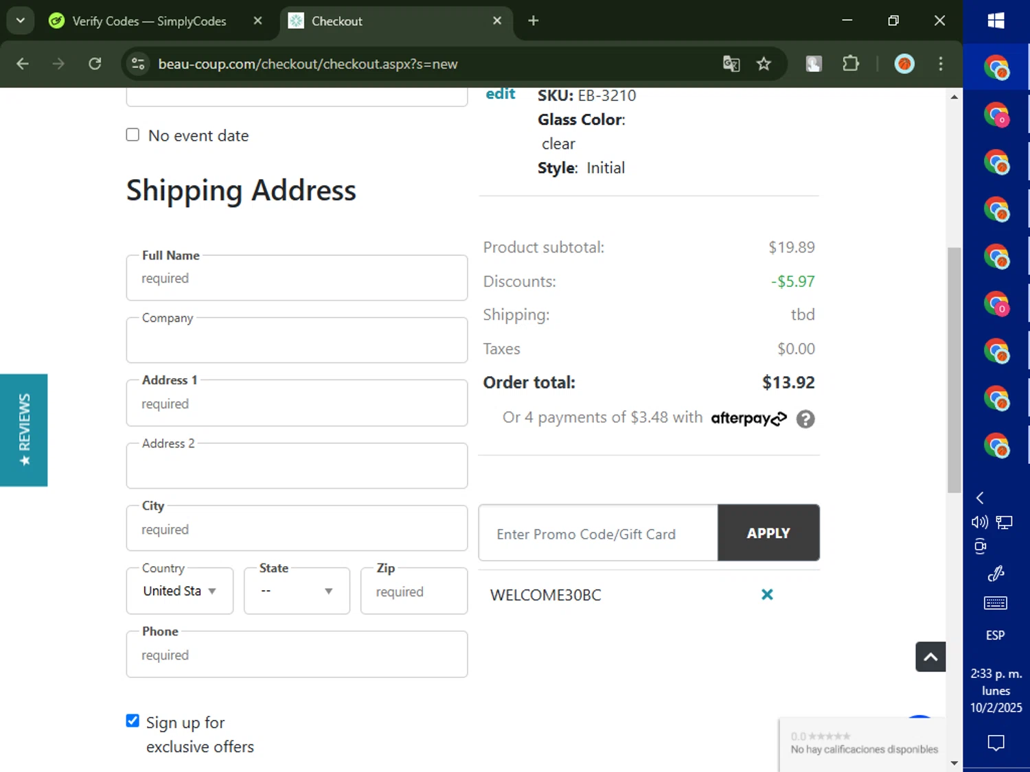 Beau-coup promo code screenshot showing code WELCOME30BC applied at Beau-coup checkout page. Uploaded by SimplyCodes community member SalePhoenix823 on Feb 10, 2025