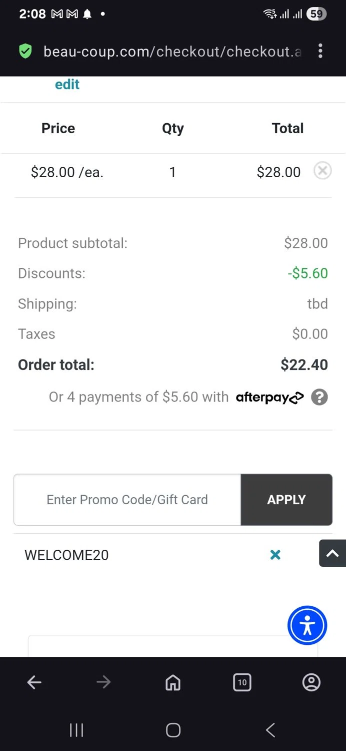 Beau-coup promo code screenshot showing code Welcome20 applied at Beau-coup checkout page. Uploaded by SimplyCodes community member vida5254427716958 on Nov 16, 2025