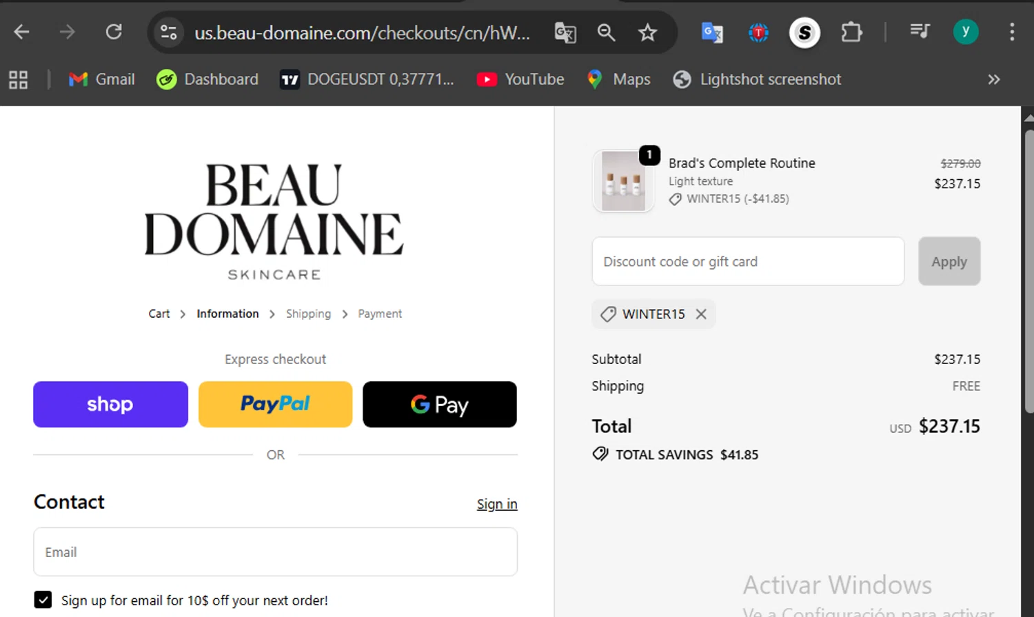Beau Domaine Skincare promo code screenshot showing code WINTER15 applied at Beau Domaine Skincare checkout page. Uploaded by SimplyCodes community member 502312 on Dec 27, 2025