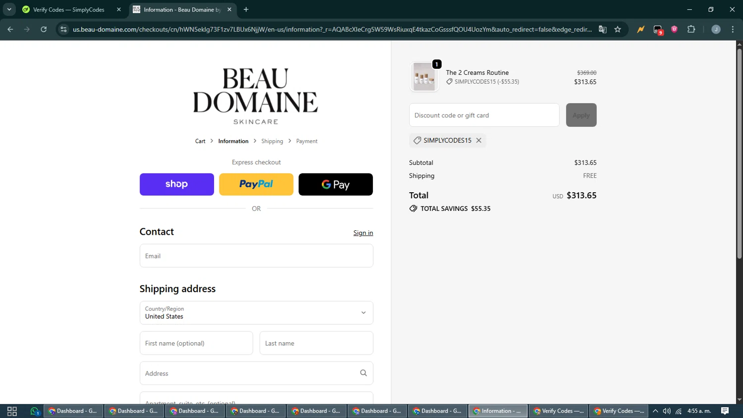 Beau Domaine Skincare promo code screenshot showing code SIMPLYCODES15 applied at Beau Domaine Skincare checkout page. Uploaded by SimplyCodes community member CashShopper1214 on Nov 24, 2025