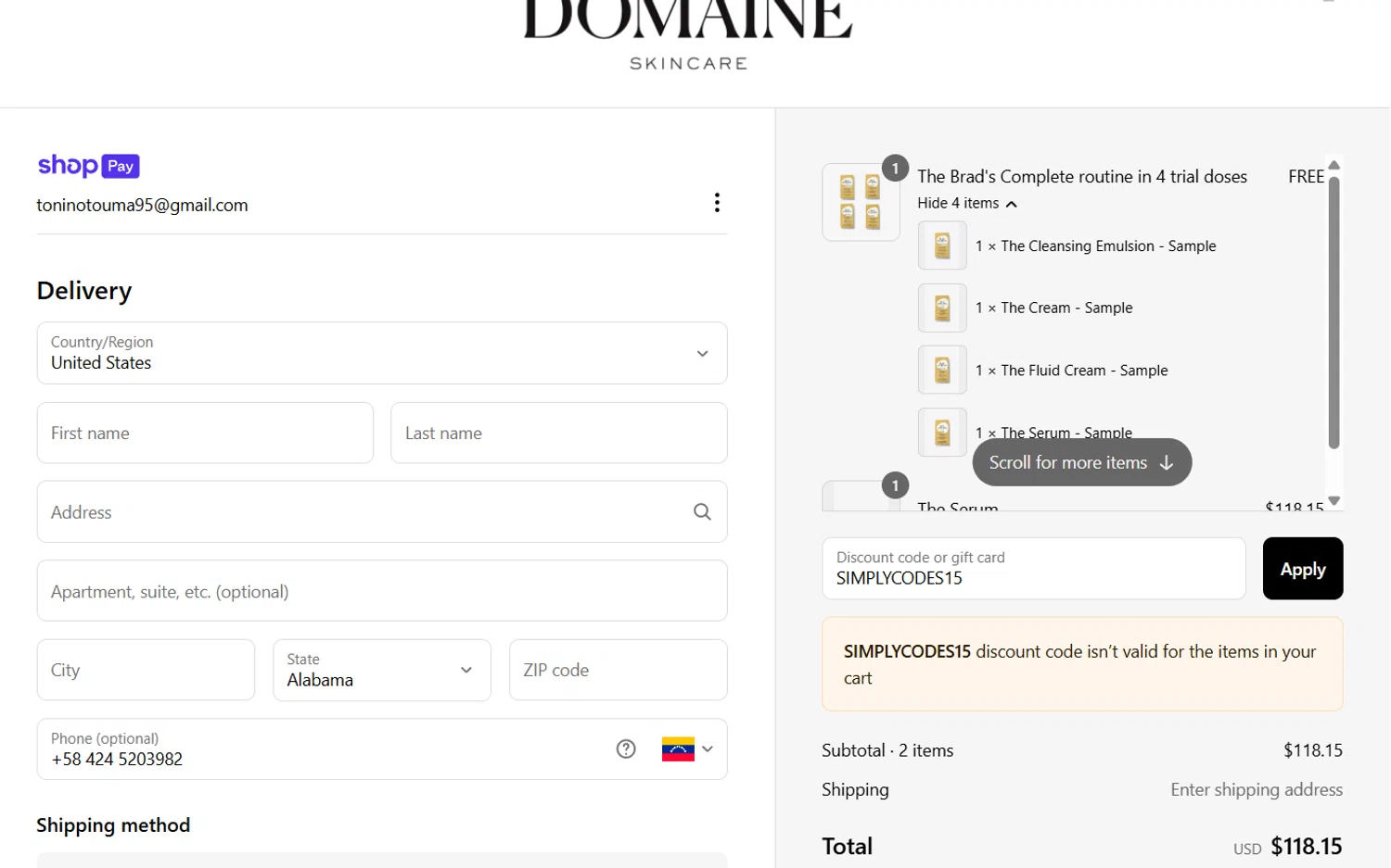 Beau Domaine Skincare promo code screenshot showing code SIMPLYCODES15 applied at Beau Domaine Skincare checkout page. Uploaded by SimplyCodes community member FortunateSpotter4996 on Jun 21, 2025