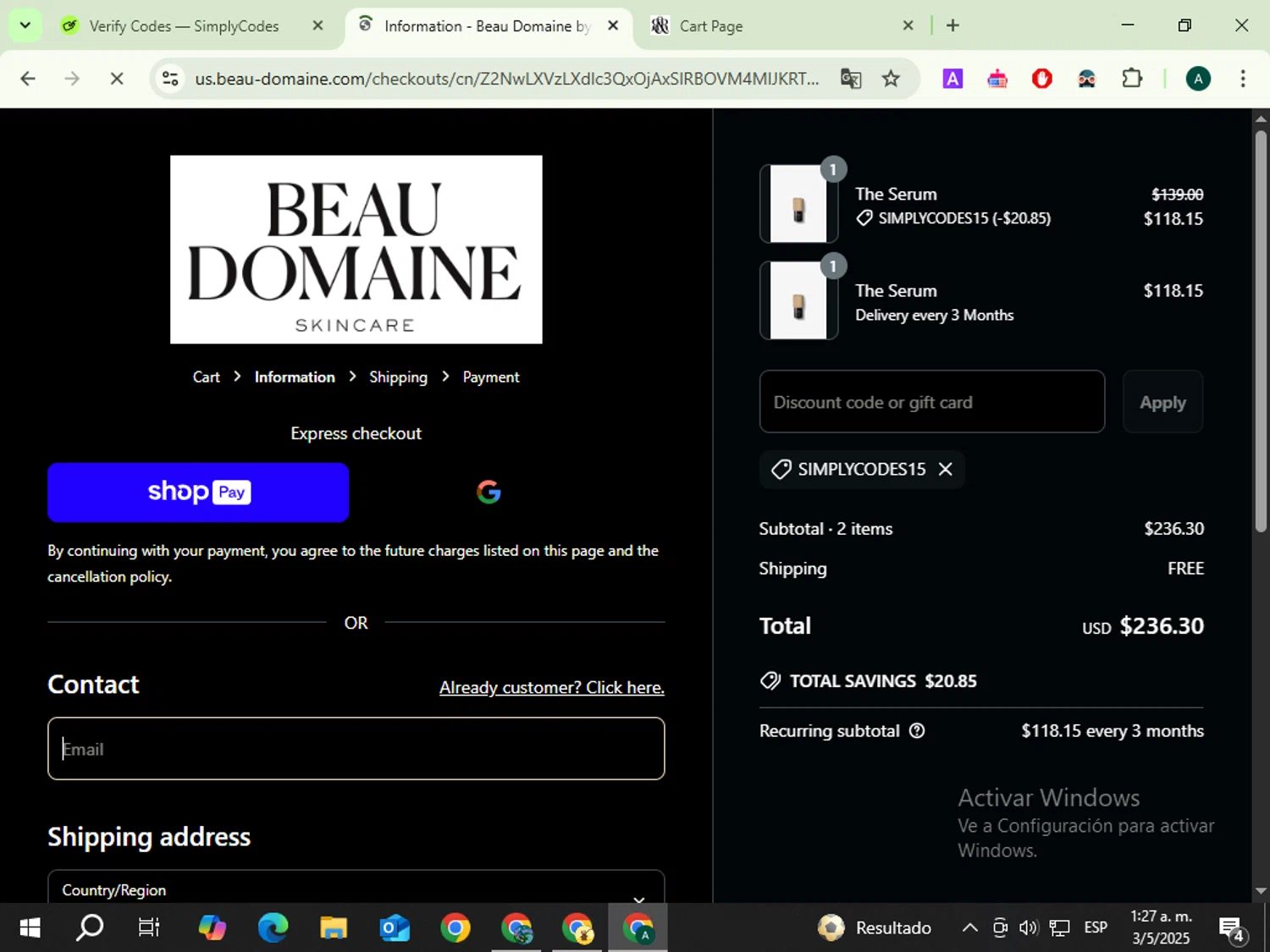 Beau Domaine Skincare promo code screenshot showing code SIMPLYCODES15 applied at Beau Domaine Skincare checkout page. Uploaded by SimplyCodes community member LegendaryTiger3960 on May 3, 2025