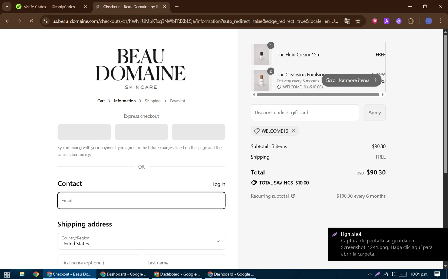 Beau Domaine Skincare promo code screenshot showing code WELCOME10 applied at Beau Domaine Skincare checkout page. Uploaded by SimplyCodes community member DealFinder1711 on Aug 6, 2025