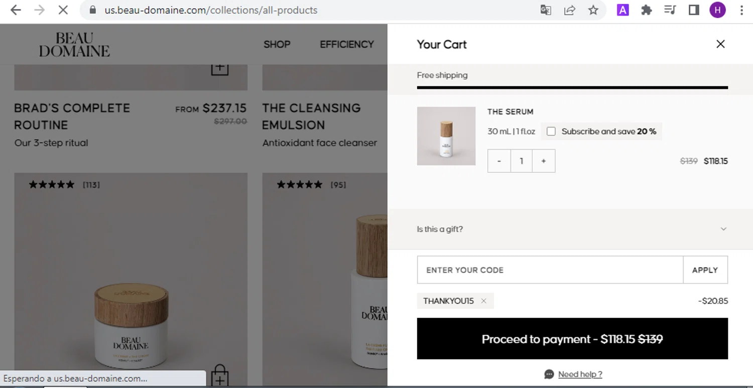 Beau Domaine Skincare promo code screenshot showing code THANKYOU15 applied at Beau Domaine Skincare checkout page. Uploaded by SimplyCodes community member BonusVoyager4214 on Oct 27, 2025
