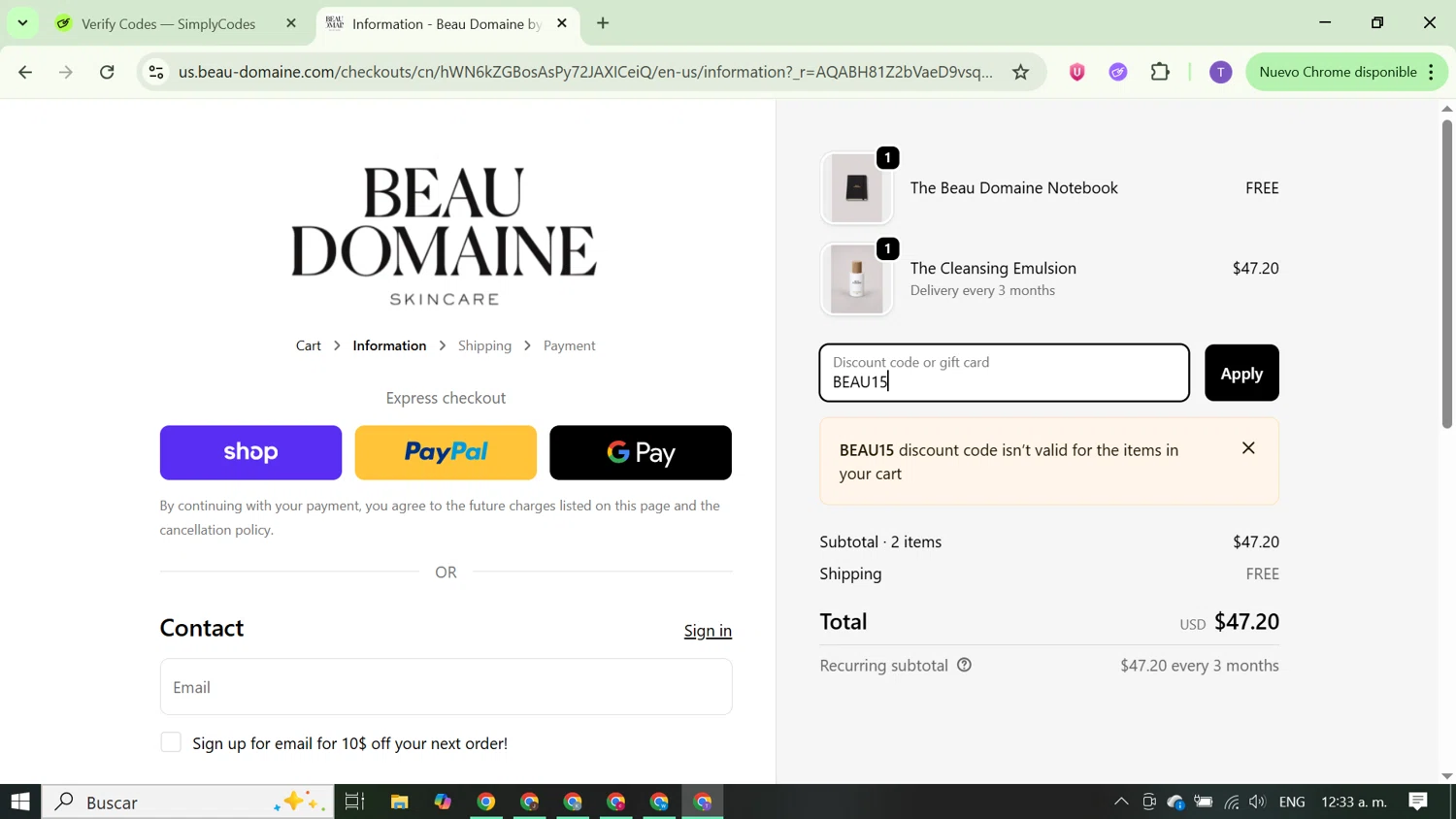 Beau Domaine Skincare promo code screenshot showing code BEAU15 applied at Beau Domaine Skincare checkout page. Uploaded by SimplyCodes community member FortunateCurator5882 on Dec 23, 2025