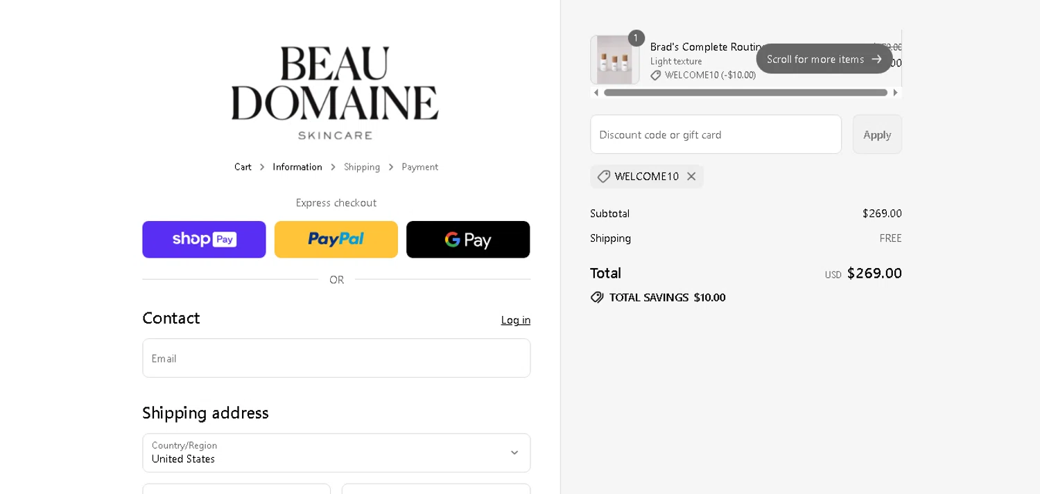 Beau Domaine Skincare promo code screenshot showing code WELCOME10 applied at Beau Domaine Skincare checkout page. Uploaded by SimplyCodes community member MagnificentCurator5441 on Aug 6, 2025