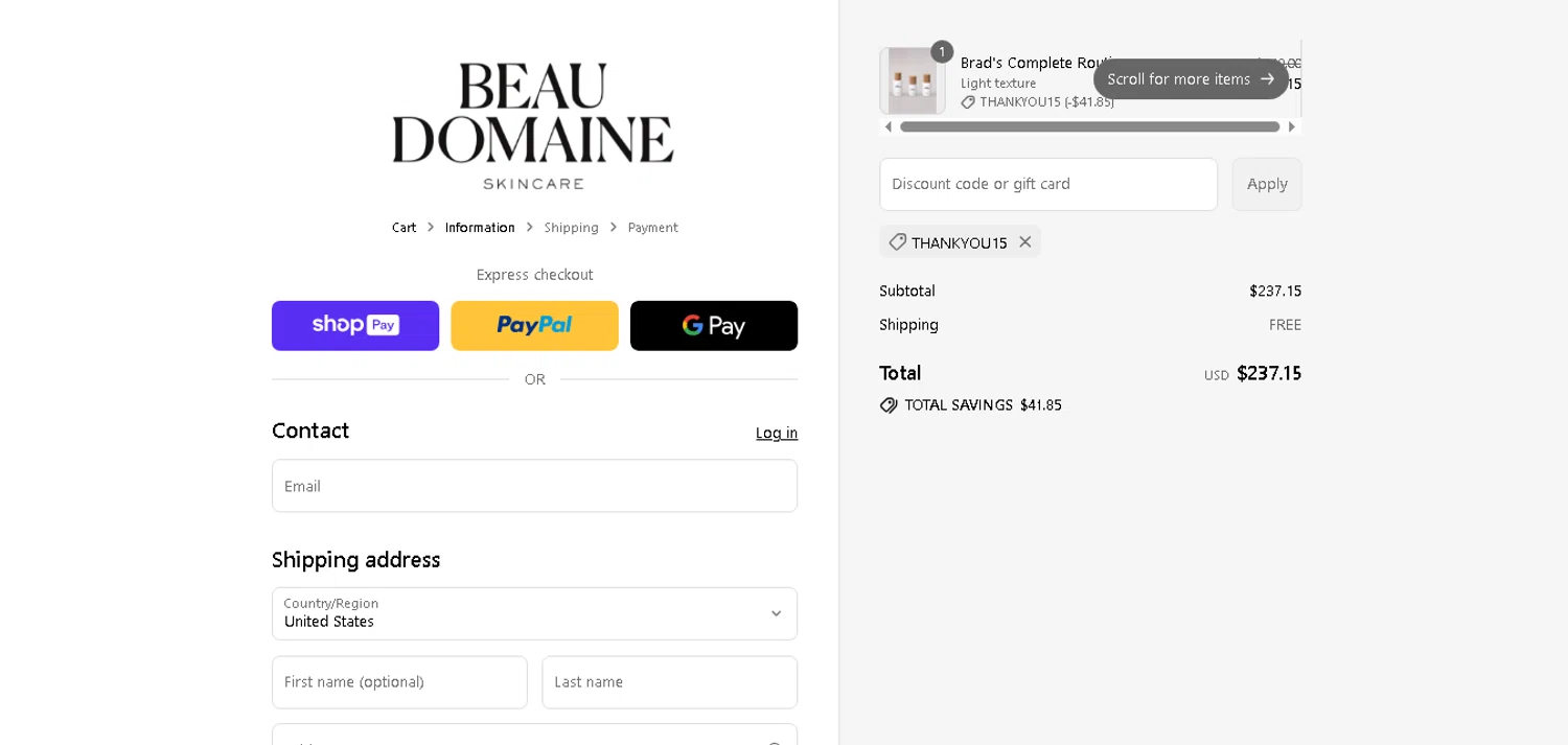 Beau Domaine Skincare promo code screenshot showing code THANKYOU15 applied at Beau Domaine Skincare checkout page. Uploaded by SimplyCodes community member MagnificentCurator5441 on Aug 6, 2025