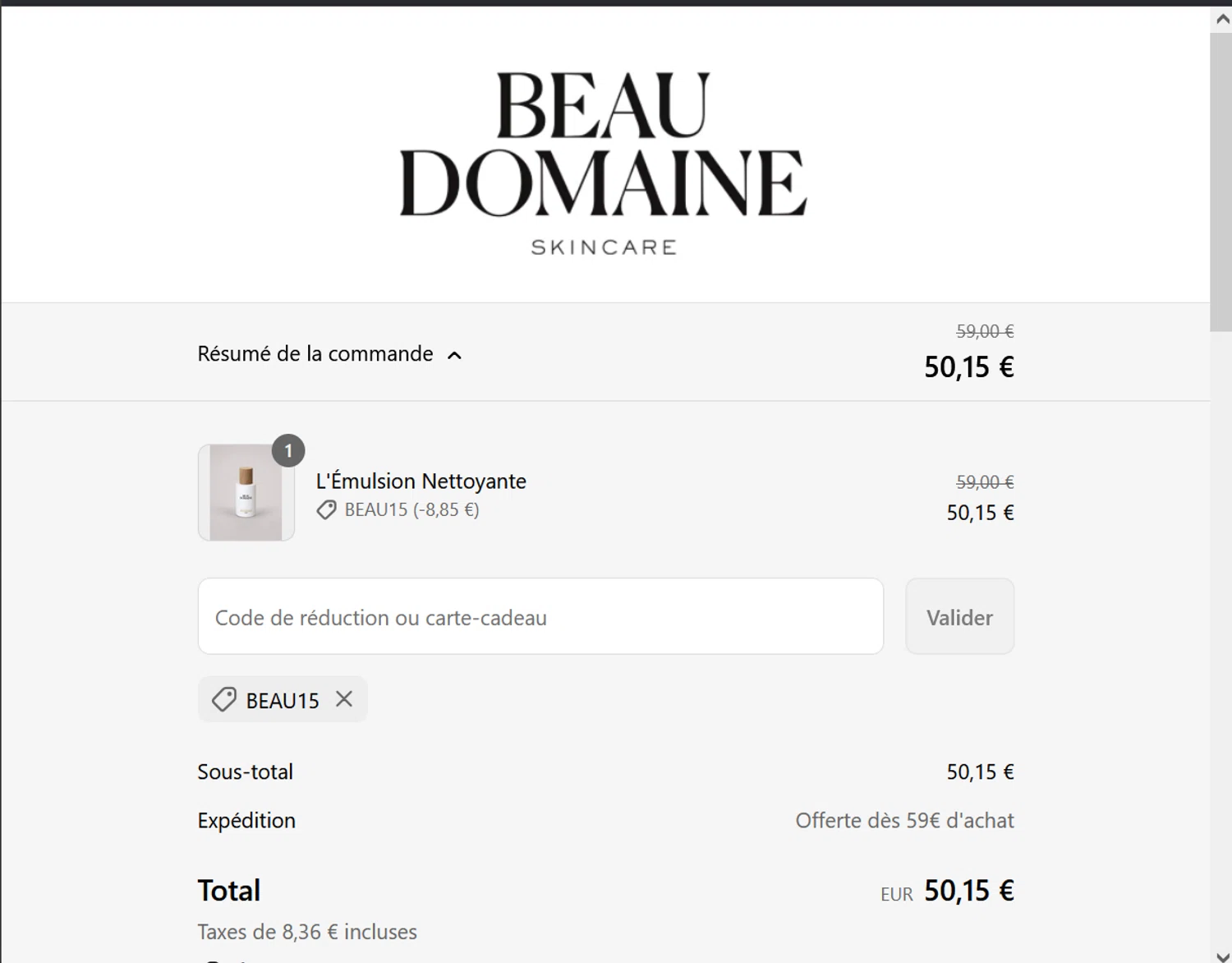 Beau Domaine Skincare promo code screenshot showing code BEAU15 applied at Beau Domaine Skincare checkout page. Uploaded by SimplyCodes community member ValiantLion5897 on Sep 14, 2025