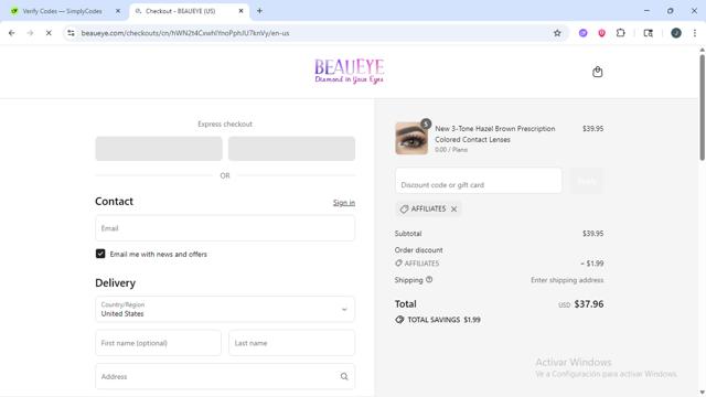 Beaueye checkout page showing Beaueye coupon code box | Screenshot taken by SimplyCodes community member on Sep 12, 2025