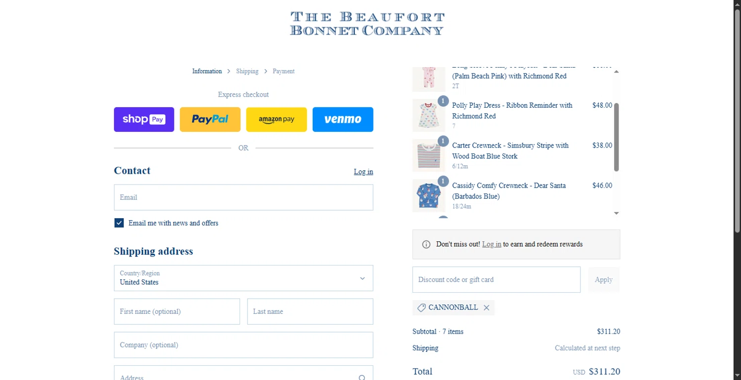 The Beaufort Bonnet Company promo code screenshot showing code CANNONBALL applied at The Beaufort Bonnet Company checkout page. Uploaded by SimplyCodes community member SavvyHawk1474 on Jul 3, 2025