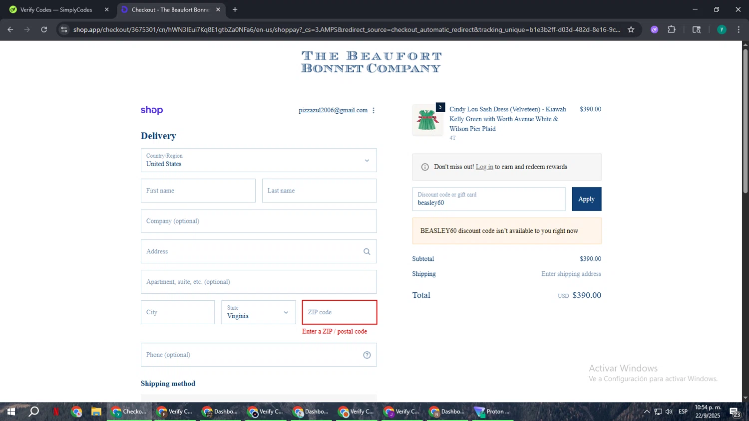 The Beaufort Bonnet Company promo code screenshot showing code beasley60 applied at The Beaufort Bonnet Company checkout page. Uploaded by SimplyCodes community member FrugalCaptain6906 on Sep 23, 2025