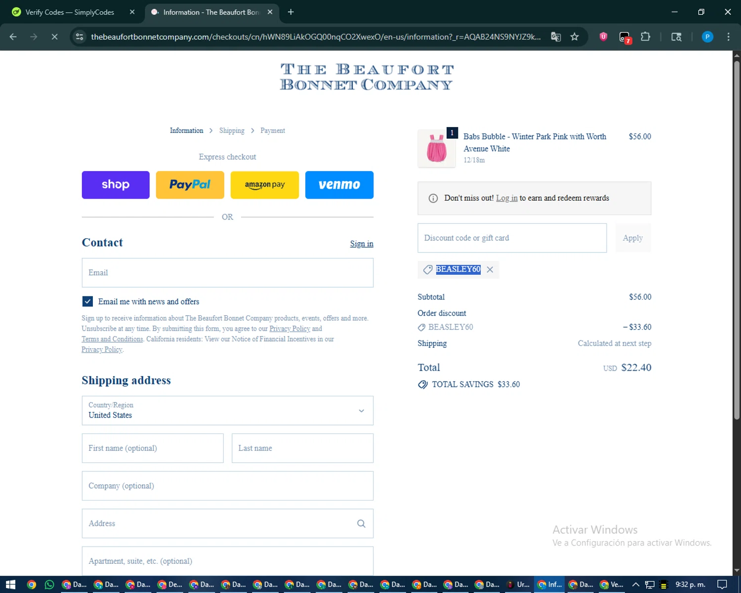 The Beaufort Bonnet Company promo code screenshot showing code beasley60 applied at The Beaufort Bonnet Company checkout page. Uploaded by SimplyCodes community member juiceWRLD on Jan 29, 2026