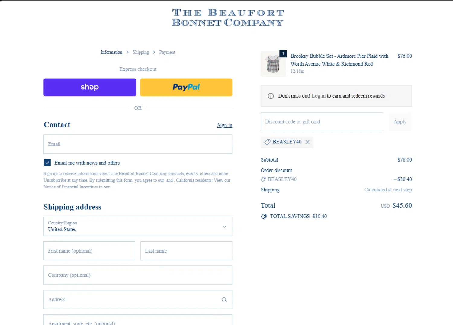 The Beaufort Bonnet Company promo code screenshot showing code BEASLEY40 applied at The Beaufort Bonnet Company checkout page. Uploaded by SimplyCodes community member Locura on Oct 12, 2025