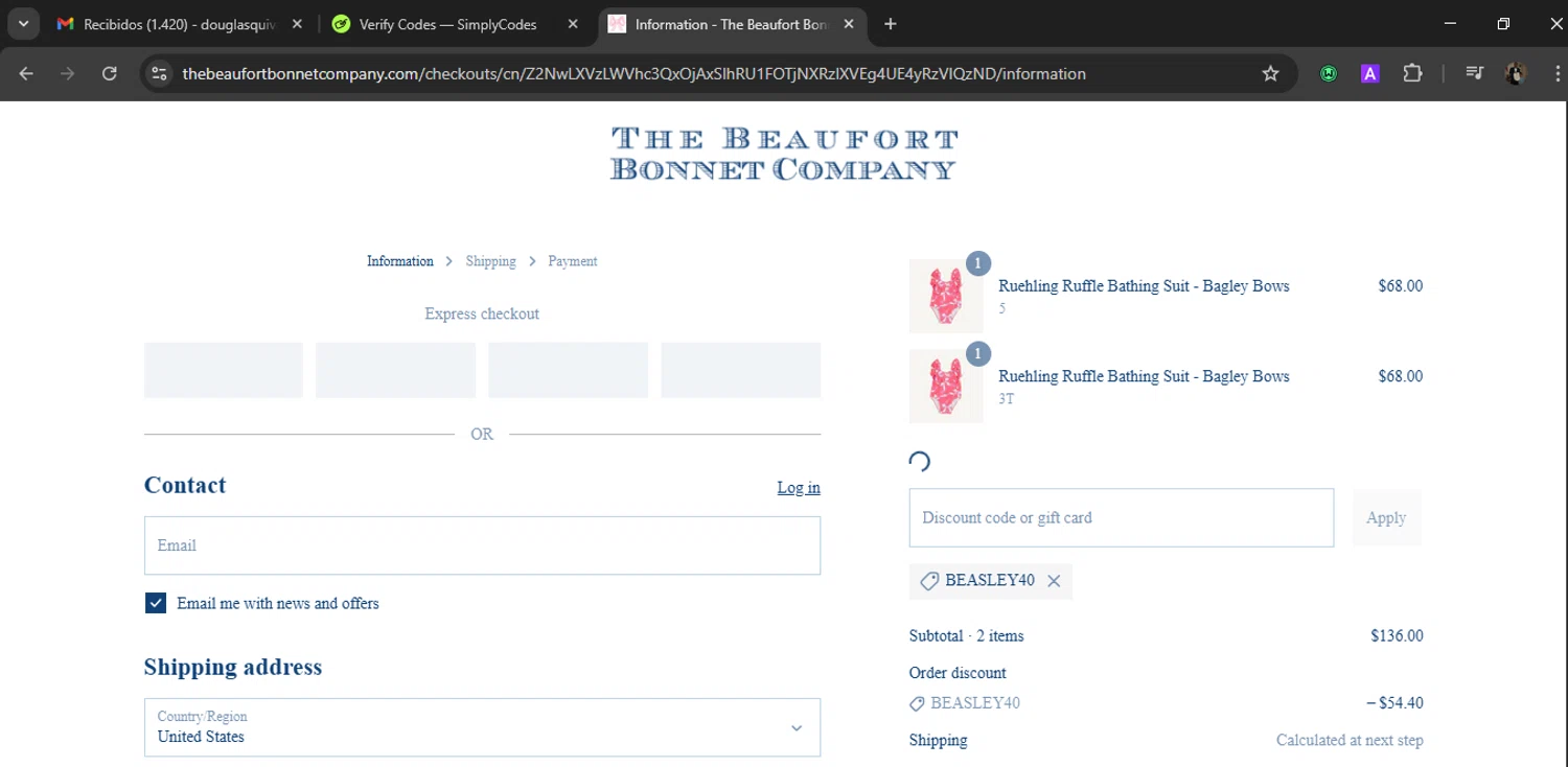 The Beaufort Bonnet Company promo code screenshot showing code BEASLEY40 applied at The Beaufort Bonnet Company checkout page. Uploaded by SimplyCodes community member WiseLegend5590 on Jun 14, 2025