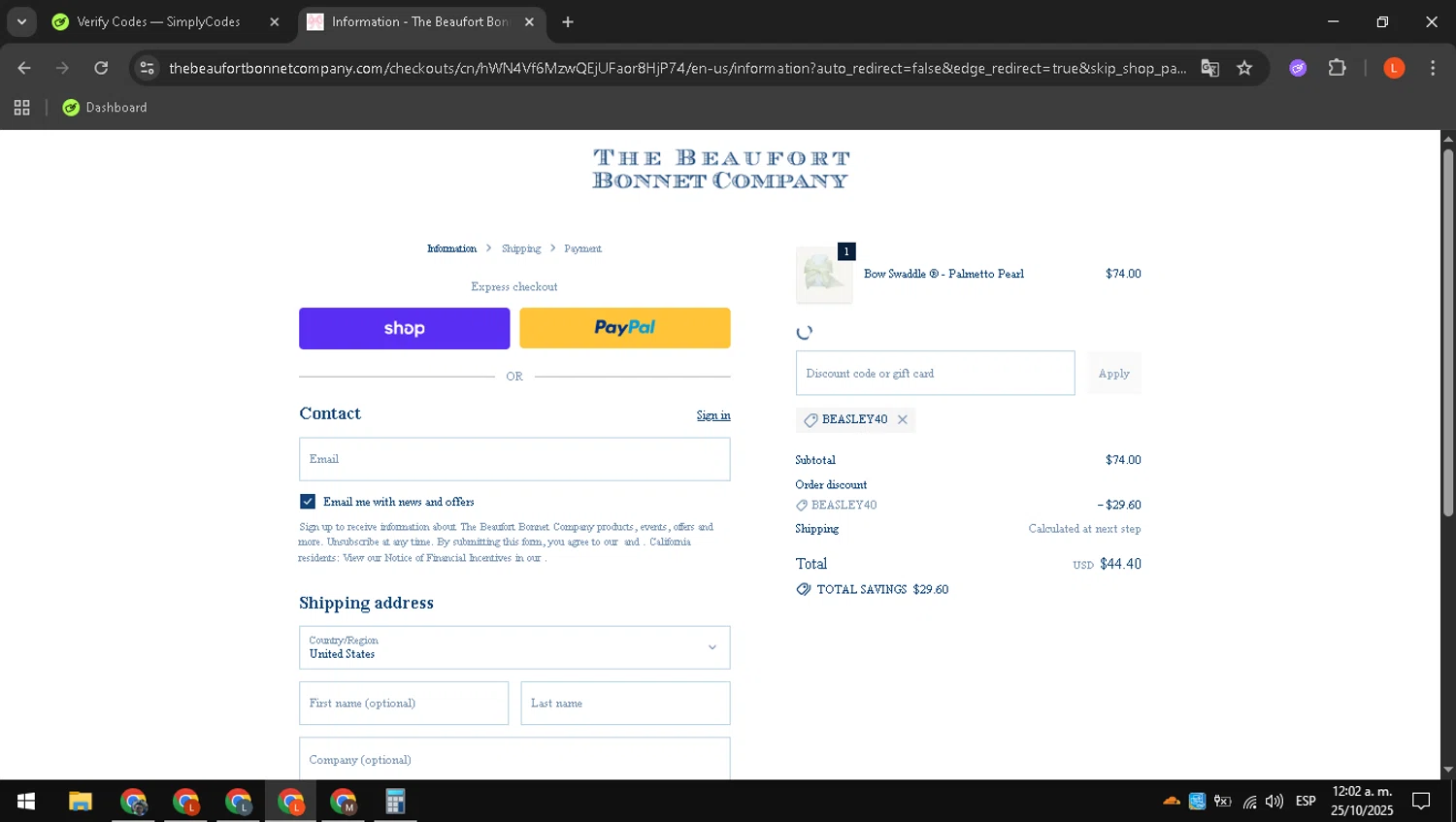 The Beaufort Bonnet Company promo code screenshot showing code BEASLEY40 applied at The Beaufort Bonnet Company checkout page. Uploaded by SimplyCodes community member luissdbv4 on Oct 25, 2025