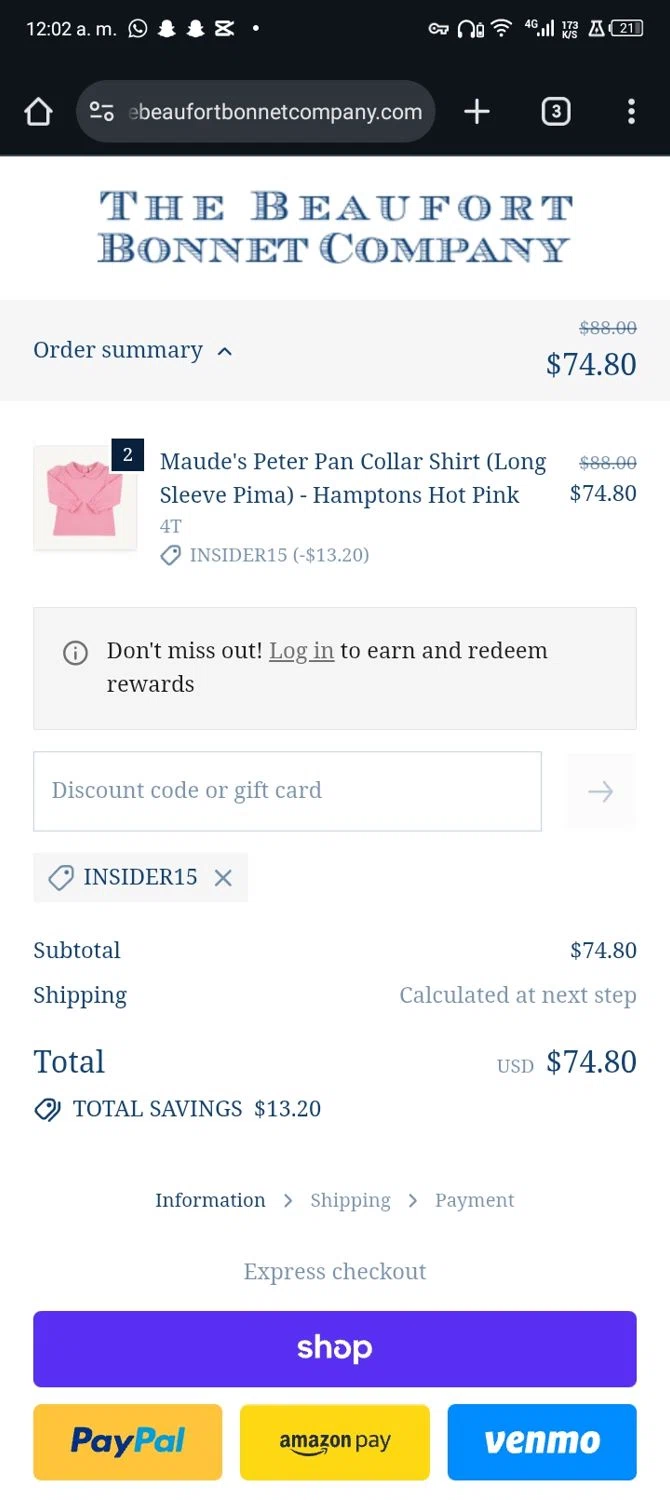 The Beaufort Bonnet Company promo code screenshot showing code INSIDER15 applied at The Beaufort Bonnet Company checkout page. Uploaded by SimplyCodes community member Nickurtdale on Oct 25, 2025
