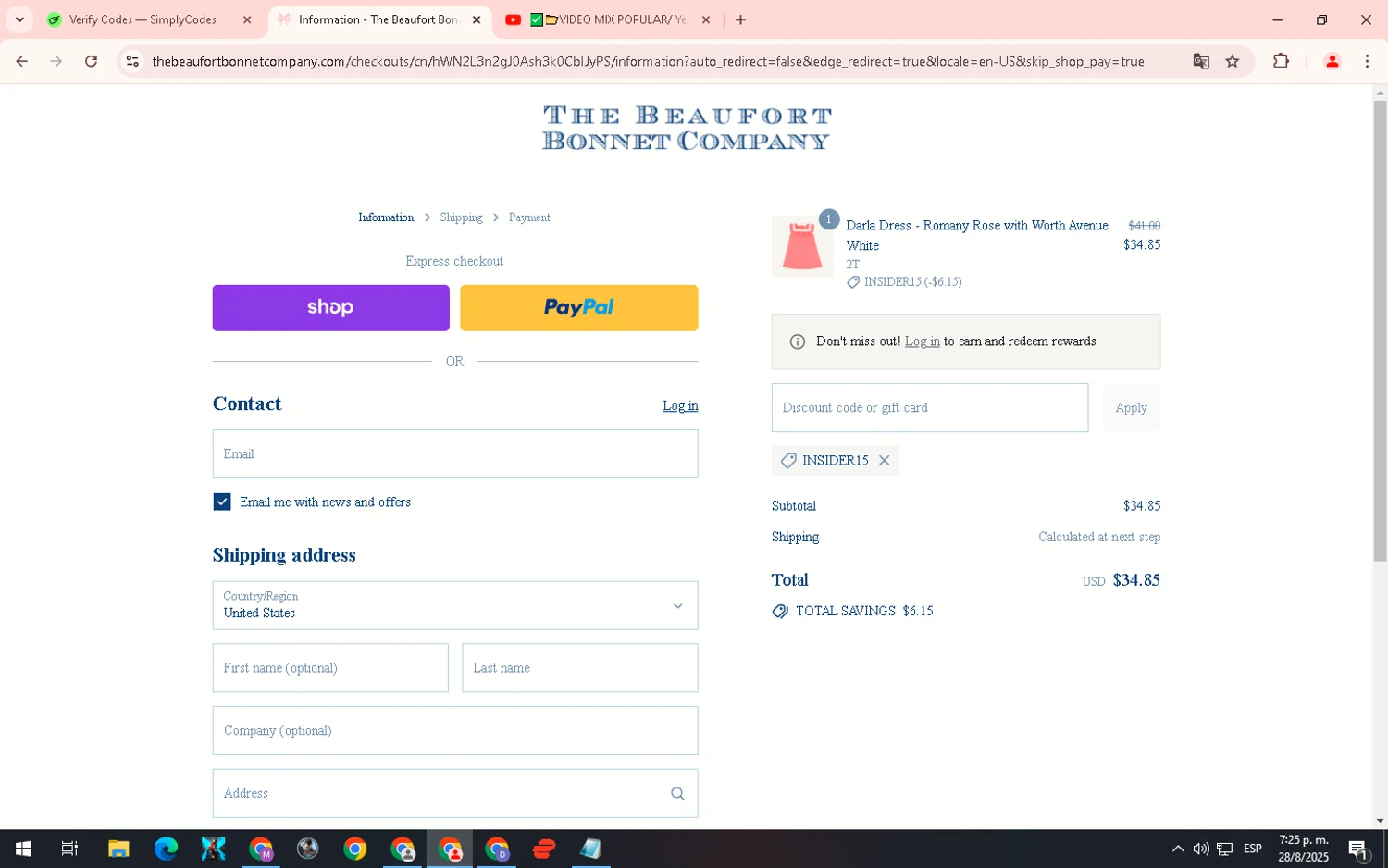 The Beaufort Bonnet Company promo code screenshot showing code INSIDER15 applied at The Beaufort Bonnet Company checkout page. Uploaded by SimplyCodes community member WiseHero7115 on Aug 28, 2025