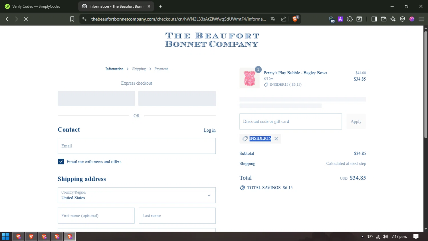 The Beaufort Bonnet Company promo code screenshot showing code INSIDER15 applied at The Beaufort Bonnet Company checkout page. Uploaded by SimplyCodes community member hectorpetit1 on Aug 28, 2025
