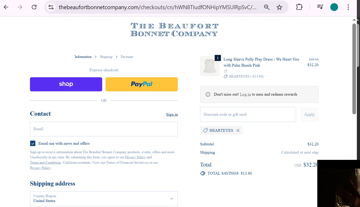 The Beaufort Bonnet Company promo code screenshot showing code HEARTEYES applied at The Beaufort Bonnet Company checkout page. Uploaded by SimplyCodes community member anosesmith on Feb 6, 2026