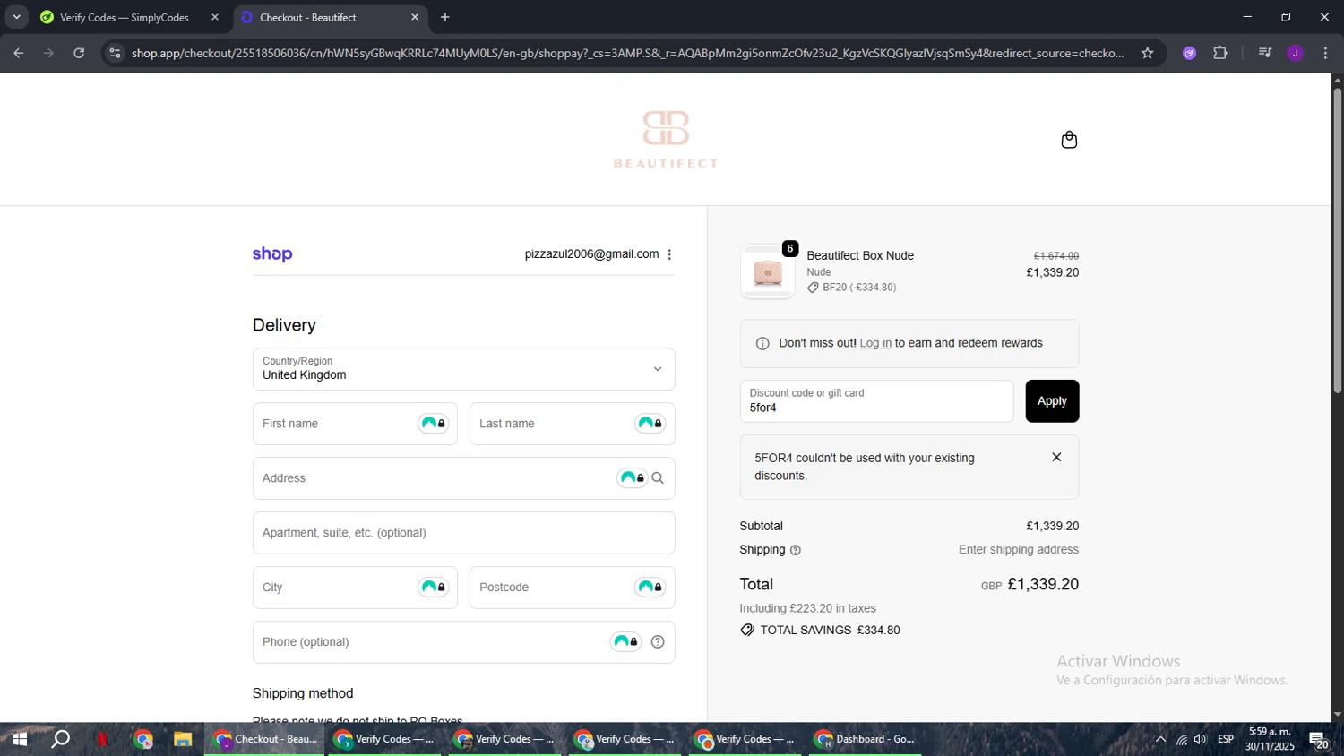 Beautifect discount code screenshot showing code 5for4 applied at Beautifect checkout page. Uploaded by SimplyCodes community member ComeBurra123 on Nov 30, 2025