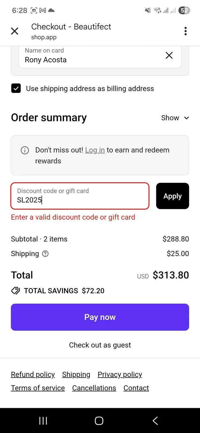 Beautifect discount code screenshot showing code SL2025 applied at Beautifect checkout page. Uploaded by SimplyCodes community member ronyacosta on Nov 20, 2025