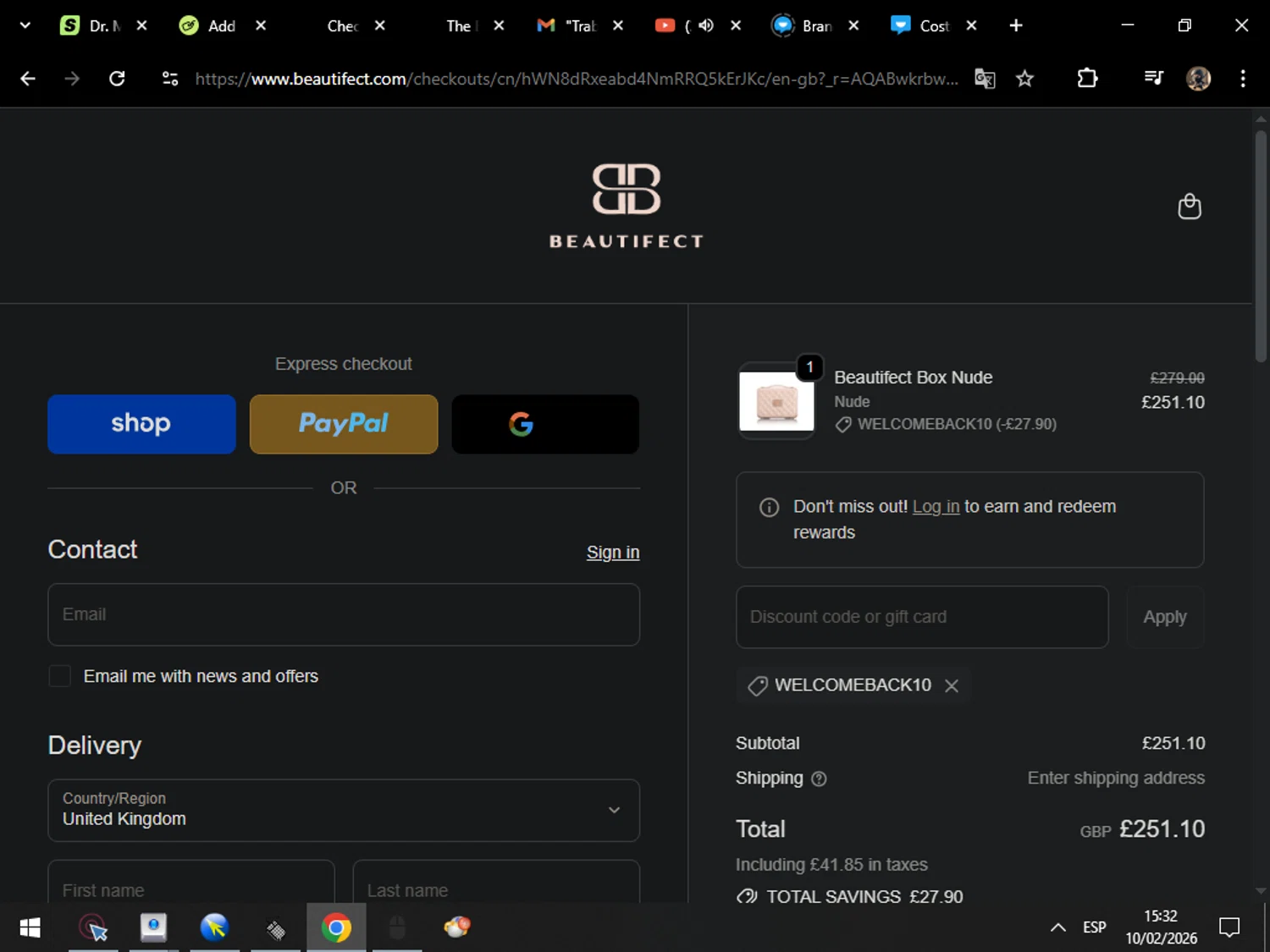 Beautifect discount code screenshot showing code WELCOMEBACK10 applied at Beautifect checkout page. Uploaded by SimplyCodes community member MarcosAranguren on Feb 10, 2026