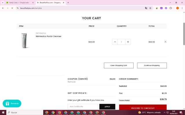 BeautifiedYou.com checkout page showing BeautifiedYou.com promo code box | Screenshot taken by SimplyCodes community member on Sep 4, 2025