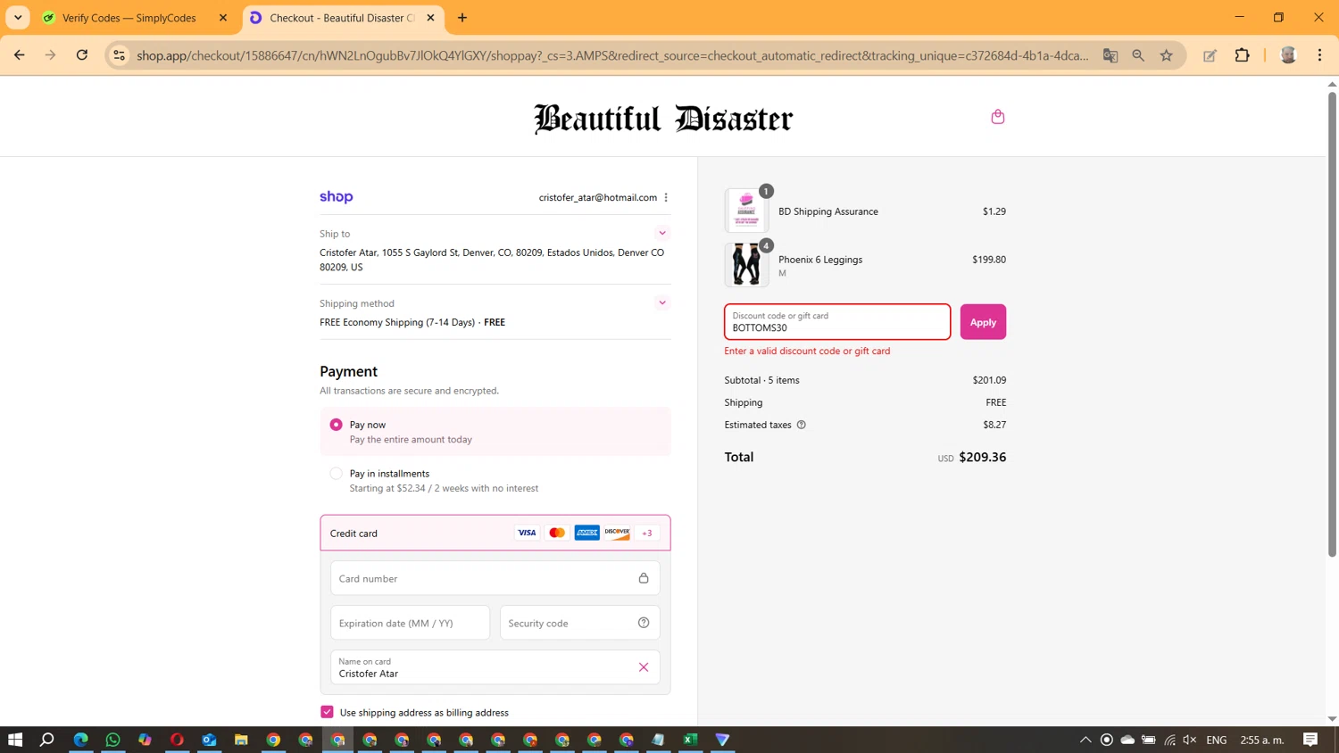 Beautiful Disaster Clothing promo code screenshot showing code BOTTOMS30 applied at Beautiful Disaster Clothing checkout page. Uploaded by SimplyCodes community member ManuelF on Aug 29, 2025