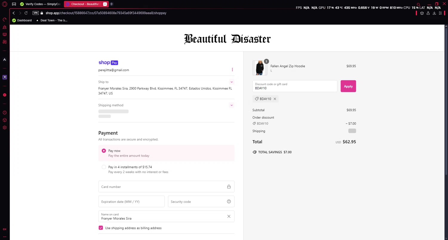 Beautiful Disaster Clothing promo code screenshot showing code BDAY10 applied at Beautiful Disaster Clothing checkout page. Uploaded by SimplyCodes community member Harrison on Jan 11, 2025