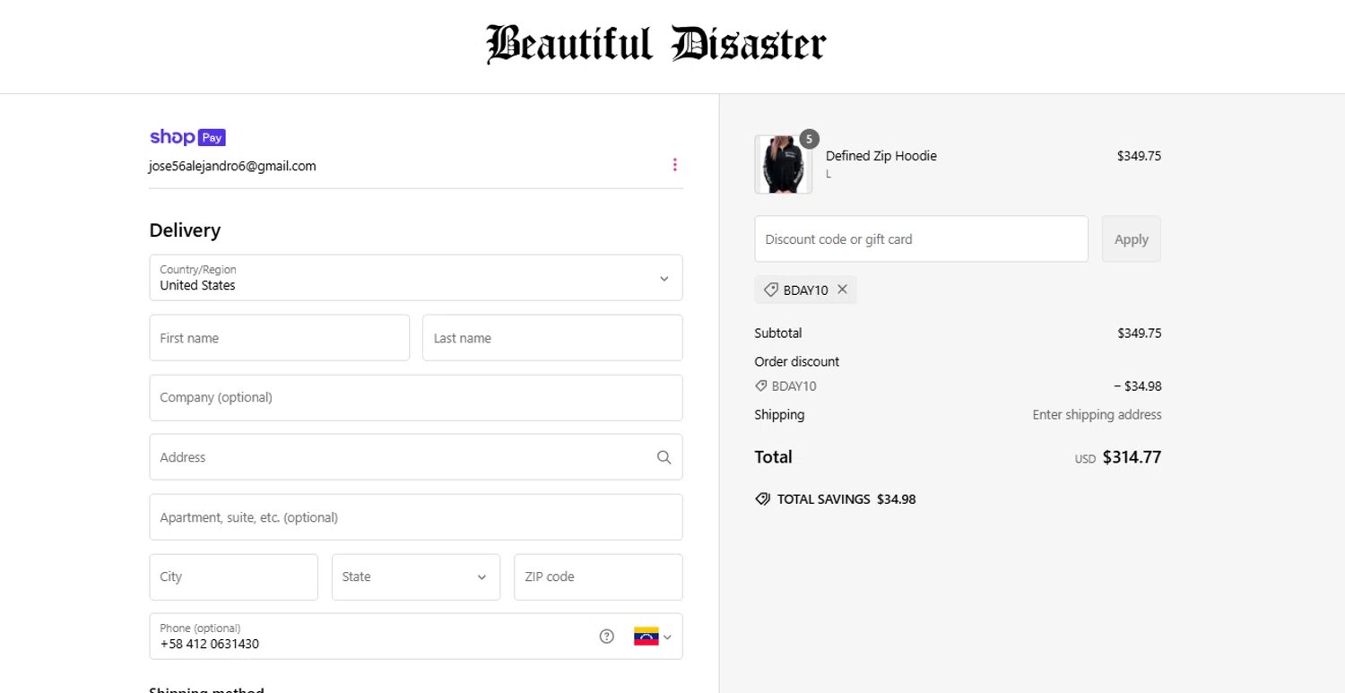 Beautiful Disaster Clothing promo code screenshot showing code BDAY10 applied at Beautiful Disaster Clothing checkout page. Uploaded by SimplyCodes community member Kmacho on Feb 9, 2025