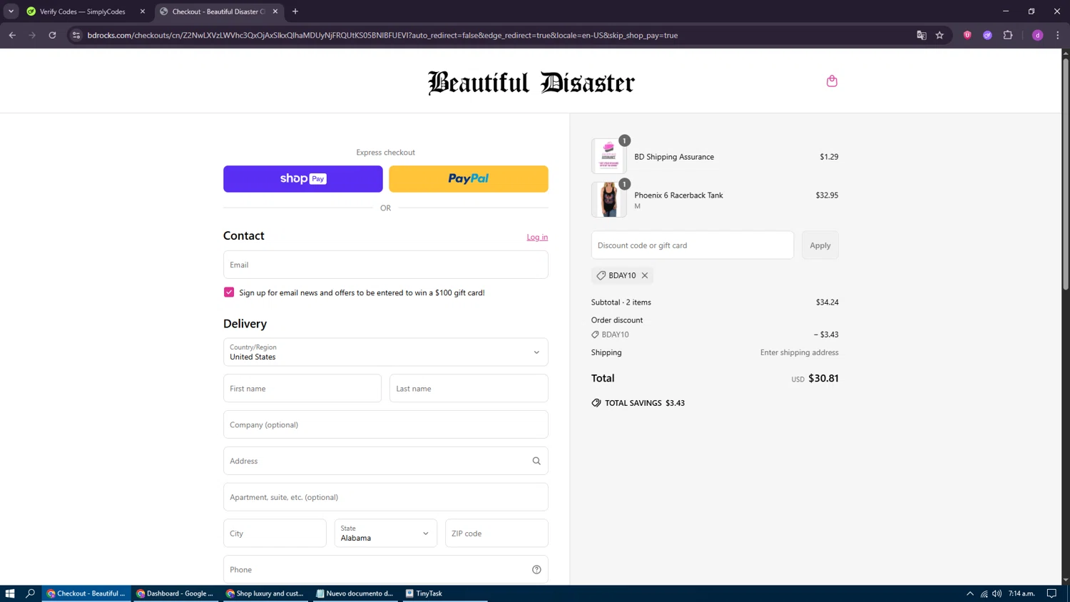 Beautiful Disaster Clothing promo code screenshot showing code BDAY10 applied at Beautiful Disaster Clothing checkout page. Uploaded by SimplyCodes community member LuckyFalcon7333 on Jun 18, 2025