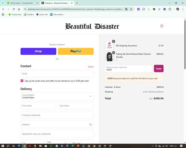 Beautiful Disaster Clothing checkout page showing Beautiful Disaster Clothing promo code box | Screenshot taken by SimplyCodes community member on Aug 29, 2025