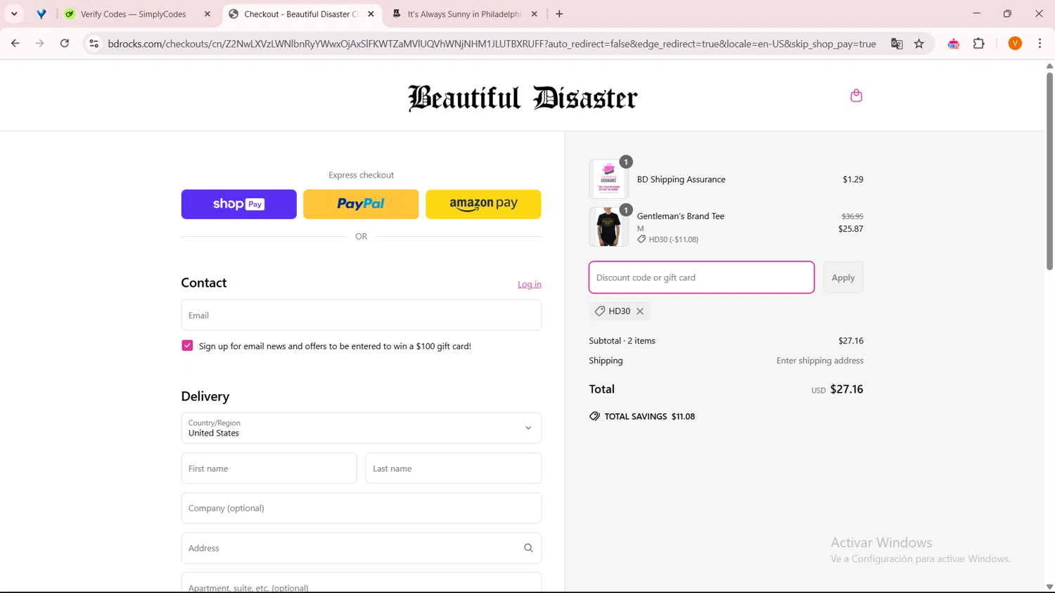 Beautiful Disaster Clothing promo code screenshot showing code HD30 applied at Beautiful Disaster Clothing checkout page. Uploaded by SimplyCodes community member ExtraordinarySaver9637 on Mar 30, 2025