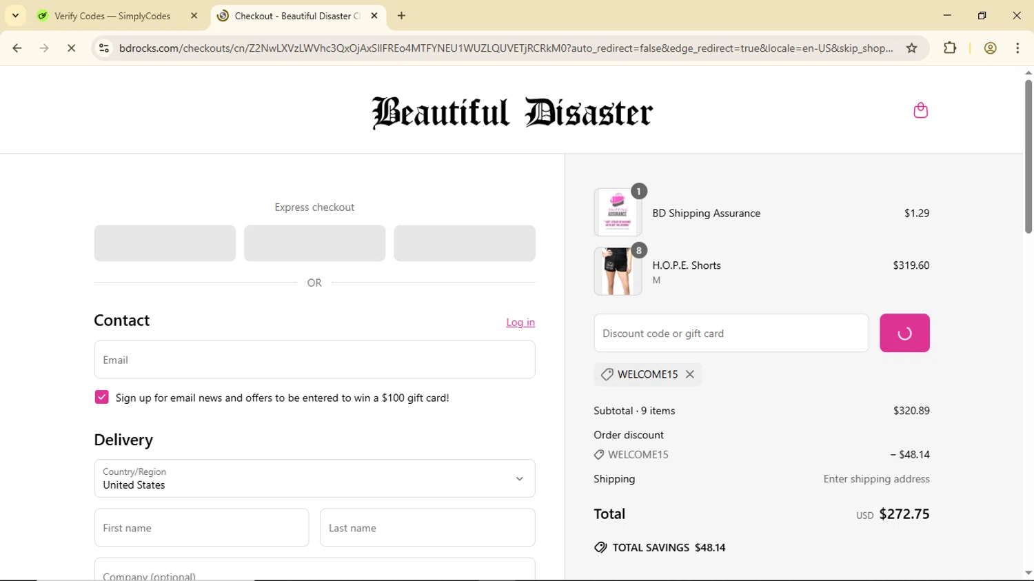 Beautiful Disaster Clothing promo code screenshot showing code WELCOME15 applied at Beautiful Disaster Clothing checkout page. Uploaded by SimplyCodes community member Luisitoxd12 on Jun 23, 2025